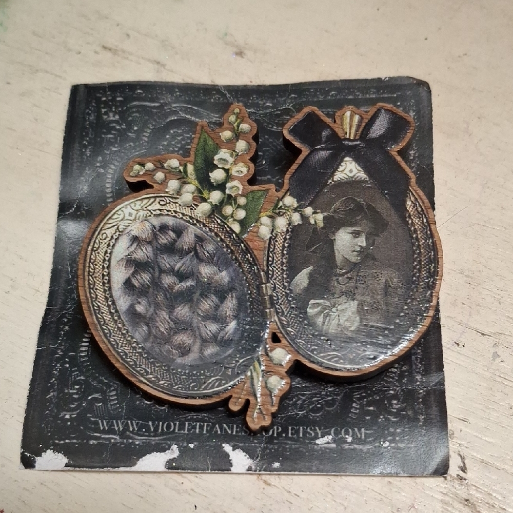 Black & White Photo Cameo Wood Laser Cut Brooch Victorian Mourning Gothic Lilies